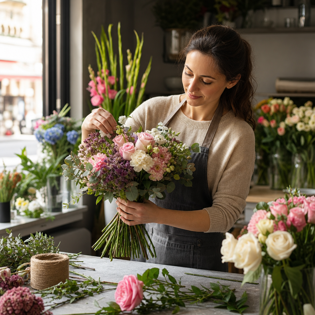 Florist aranjând un buchet proaspăt într-o florărie locală