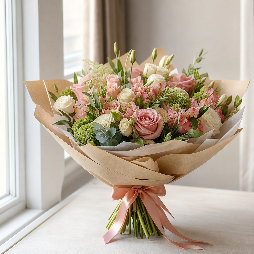 Buchet de flori proaspete ambalat pentru transport