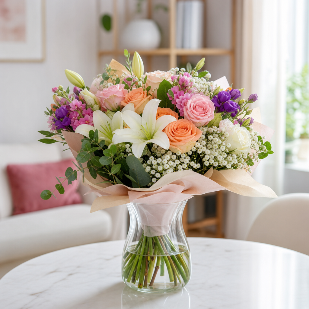 Buchet de flori proaspete într-o vază curată pe o masă luminoasă