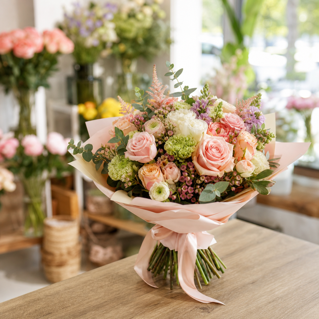 Buchet de flori proaspete pregătit pentru o surpriză de zi cu zi