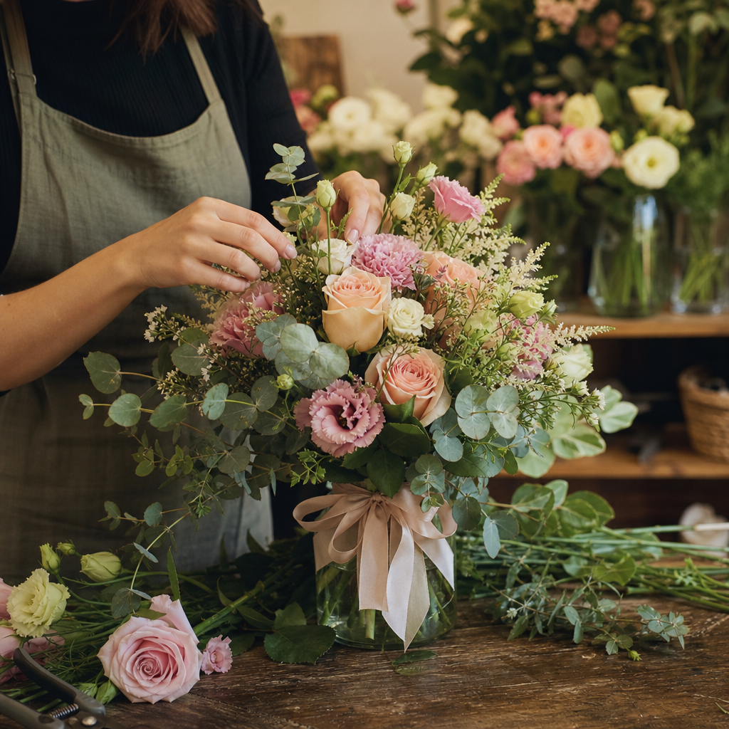 Flori de sezon aranjate natural într-un atelier floral